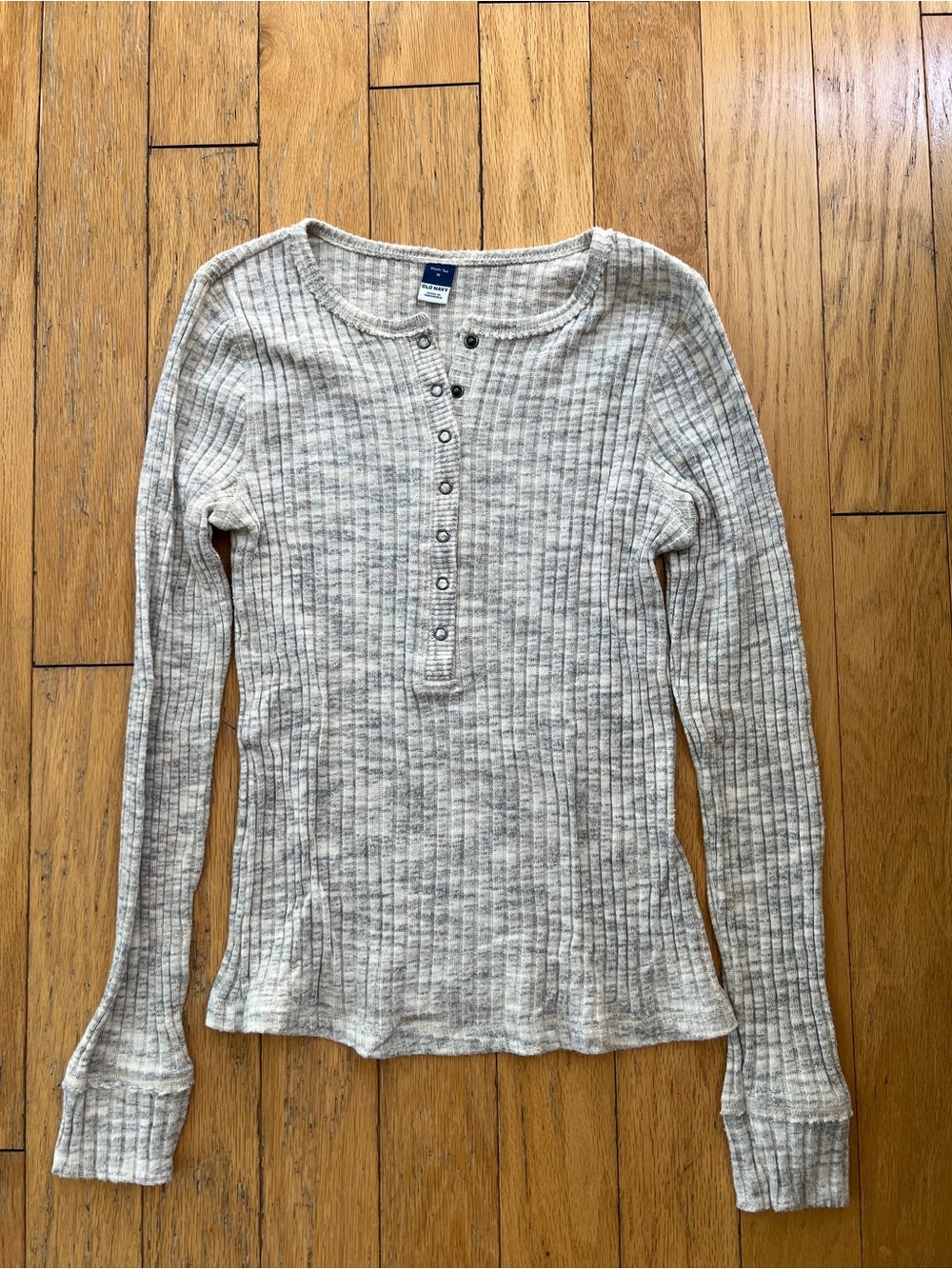 Old Navy Grey/Cream Ribbed Long-Sleeve Henley Top